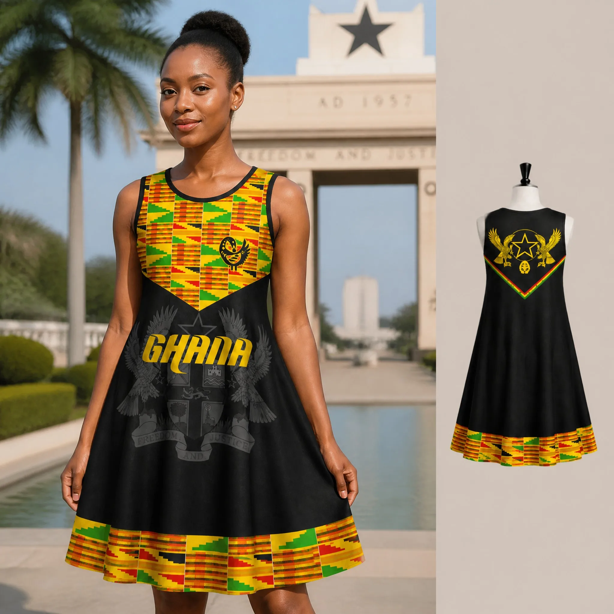 

Women Sleeveless Loose Dress Ghana Kente Panel Black A Line Swing Sundress Casual Graphic Print Soft Fit Travel Daily Wear Style