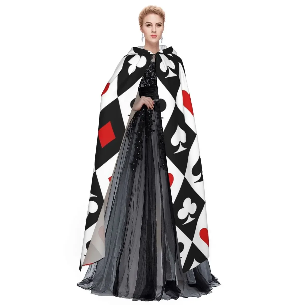 Playing Cards Suit Symbols Long Hooded Cloak Witch Medieval Costume Cosplay Cape HalloweenParty Adult Unisex