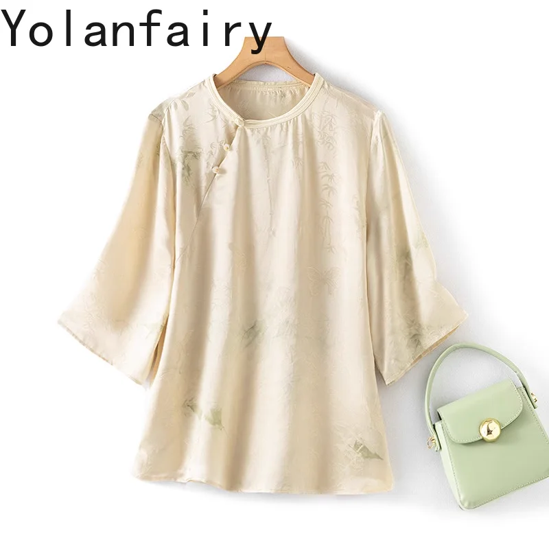 

YOLANFAIRY 100% Natural Mulberry Silk Shirts Female Fashion Tie-dyed Shirt Woman Elegant Slanted Front Top Three-quarter Sleeves