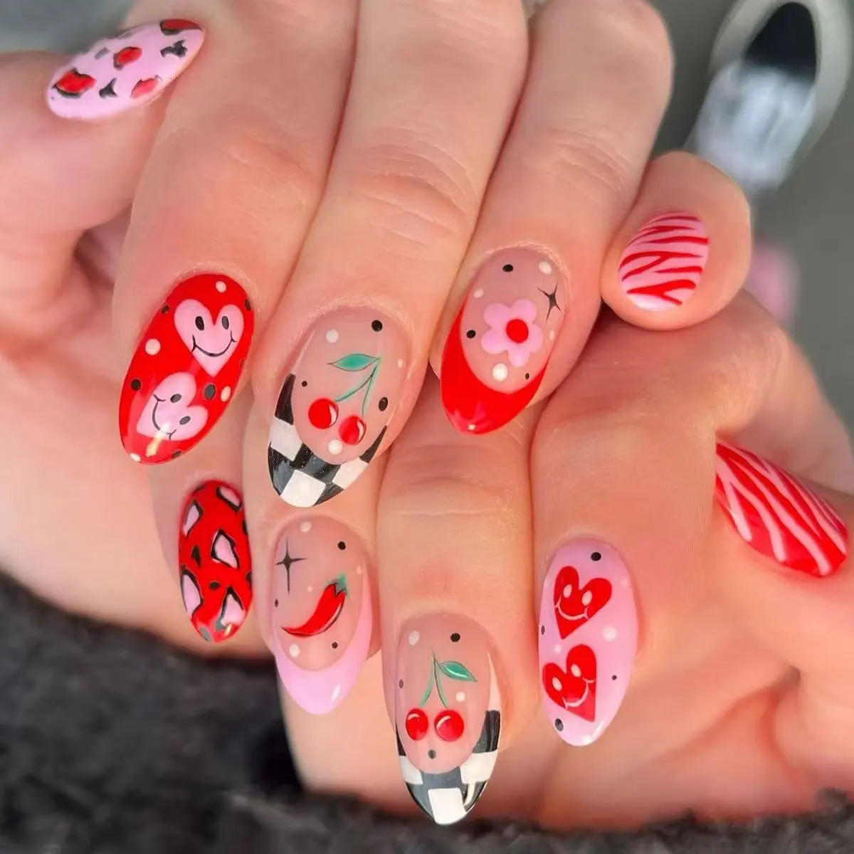 

30PCS Sweet Spicy Girl Style Fake Nails Oval Almond Cherry Pepper Checkerboard False Nails Fingertip Playful Vibe Press on Nails