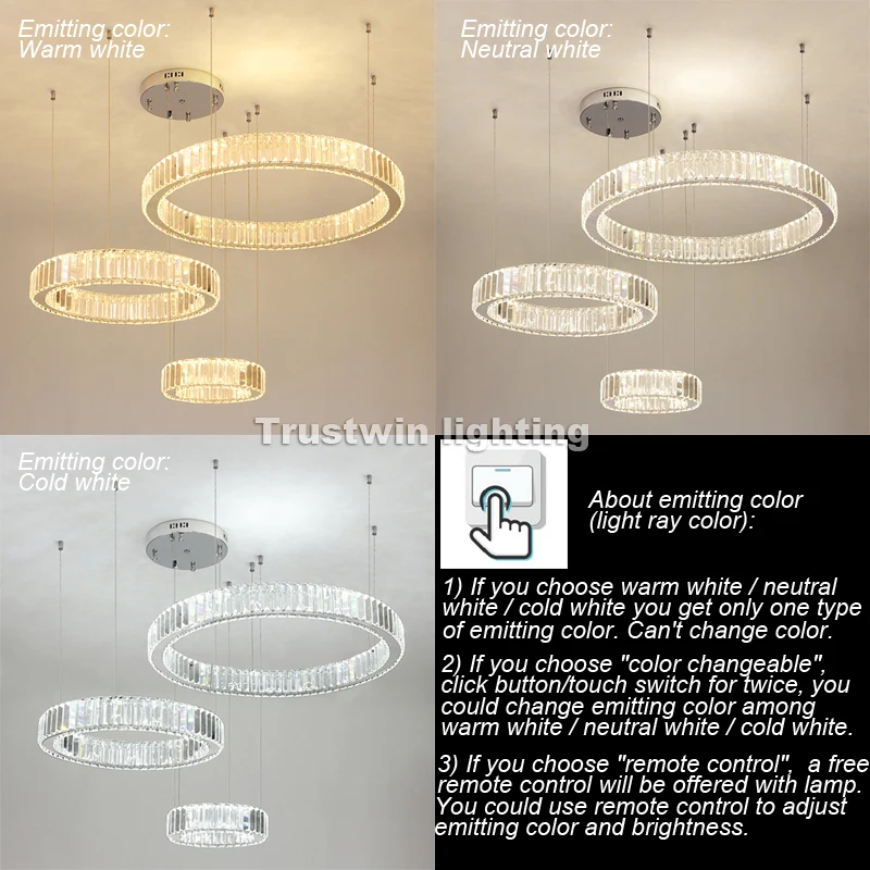 Modern 3/4/5 Ring Crystal Chandelier Gold Chrome LED Round Pendant Light Circle Ceiling Lamp for Dining Living Room