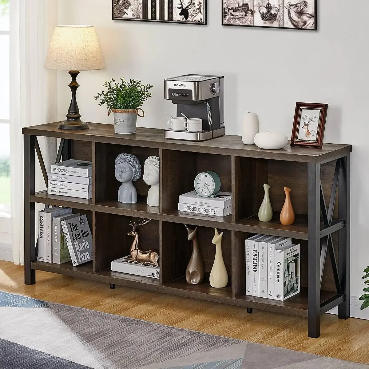 8 Cube Storage Organizer Bookshelf, Rustic Wood Cubby Bookcase, Industrial Horizontal Long Shelf for Living Room (Walnut