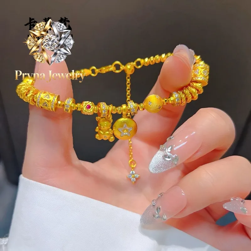 

Pryna Jewelry Luxury 9999 24K real gold dot diamond love little bear star beam fortune bead carpet women's ancient method treas