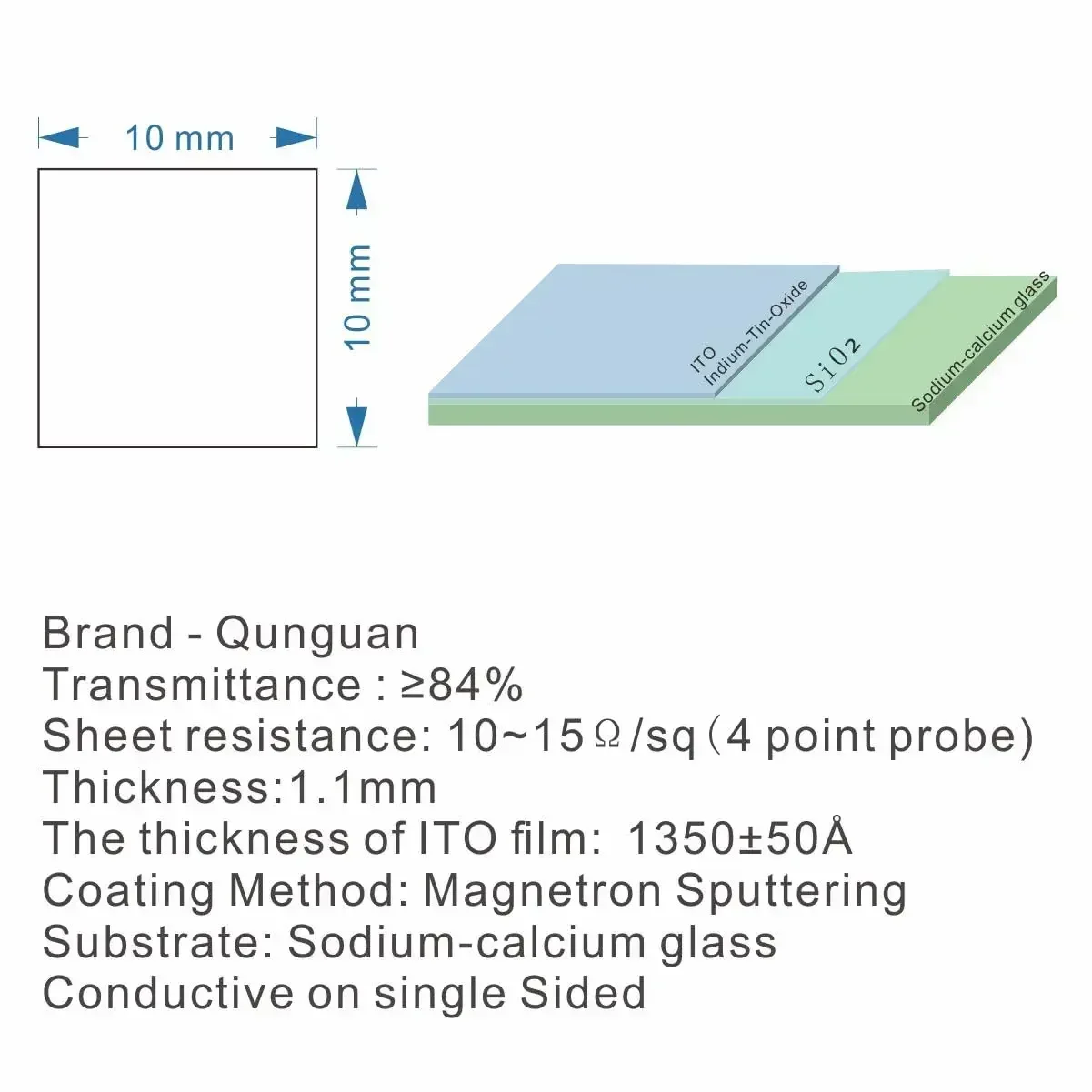 Lab Transparent ITO Conductive Coated Glass 10Pcs 50x50x1.1mm Indium Tin Oxide ITO glass 10 ohm/sq 20 ohm/sq