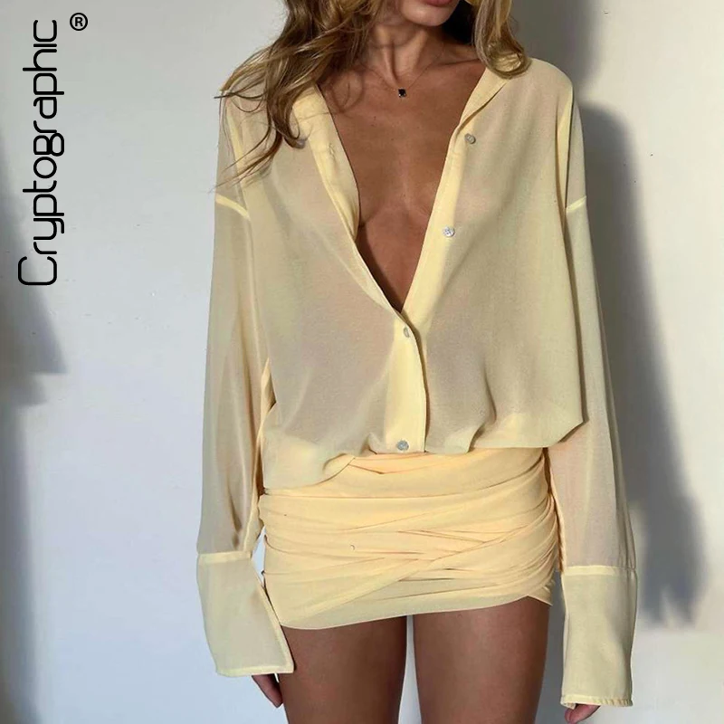 Cryptographic Fashion See Through Shirt Mini Dress Flare Sleeve Sexy Club Party Bandage Ruched Lapel Dresses Outfits Clothes