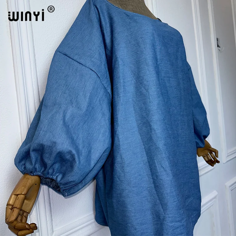 WINYI NEW Original Bubble sleeves making old denim dresses Fashion Africa Womens holiday Casual Maxi beach dress party dresses