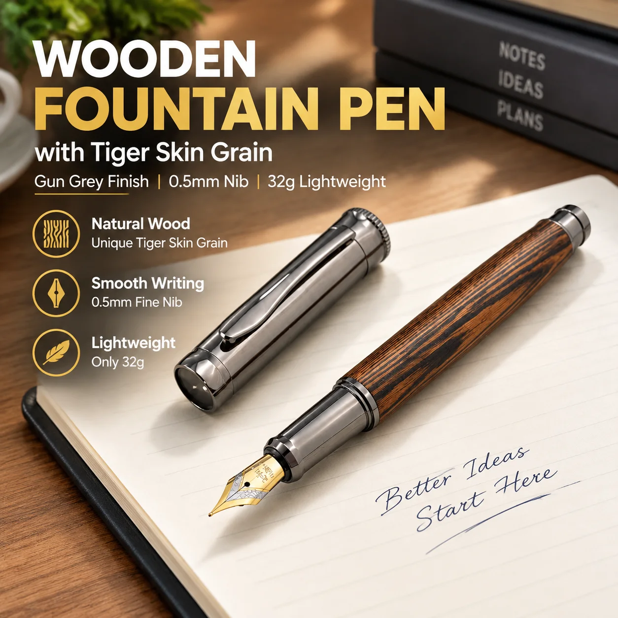 Wooden Fountain Pen with Tiger Skin Grain, Gun Grey Finish, 0.5mm Nib, 32g Lightweight for School Office