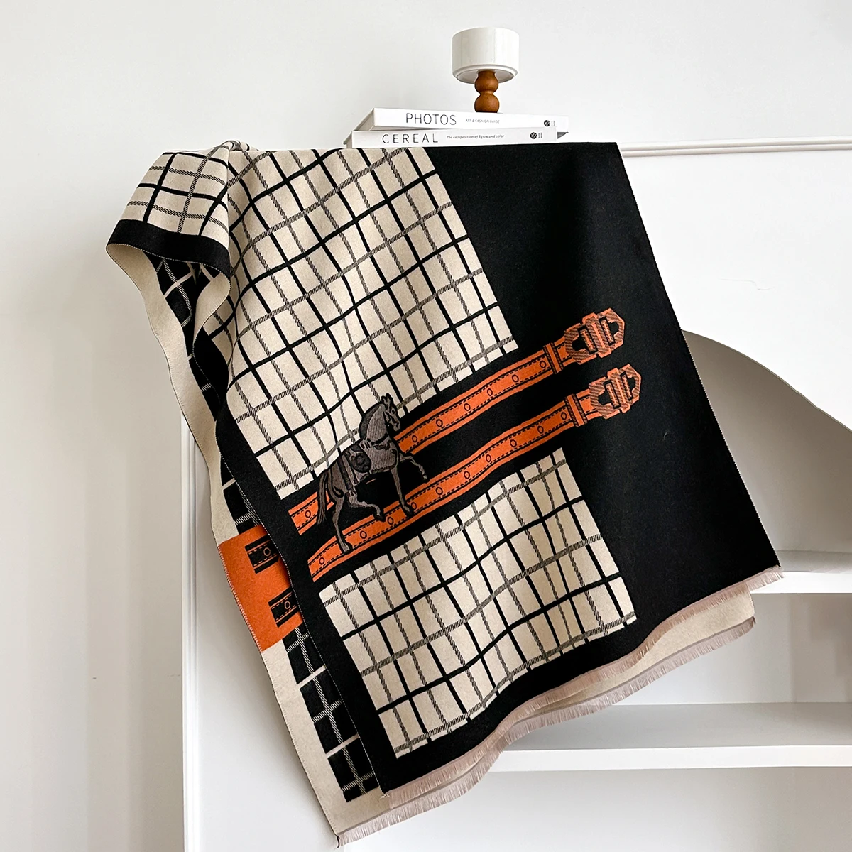 New Luxury Horse Print Scarf Women Winter Warmer Pashmina Scarves Two-Sided check Shawls Female Thick Blanket Wraps Foulard 2025