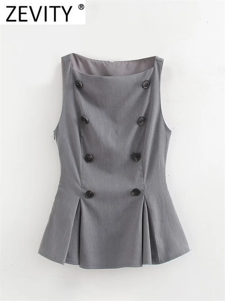 

Zevity Women Fashion Slash Neck Double Breasted Hem Pleats Slim Blouse Female Sleeveless Zipper Shirts Blusas Chic Tops LS7192