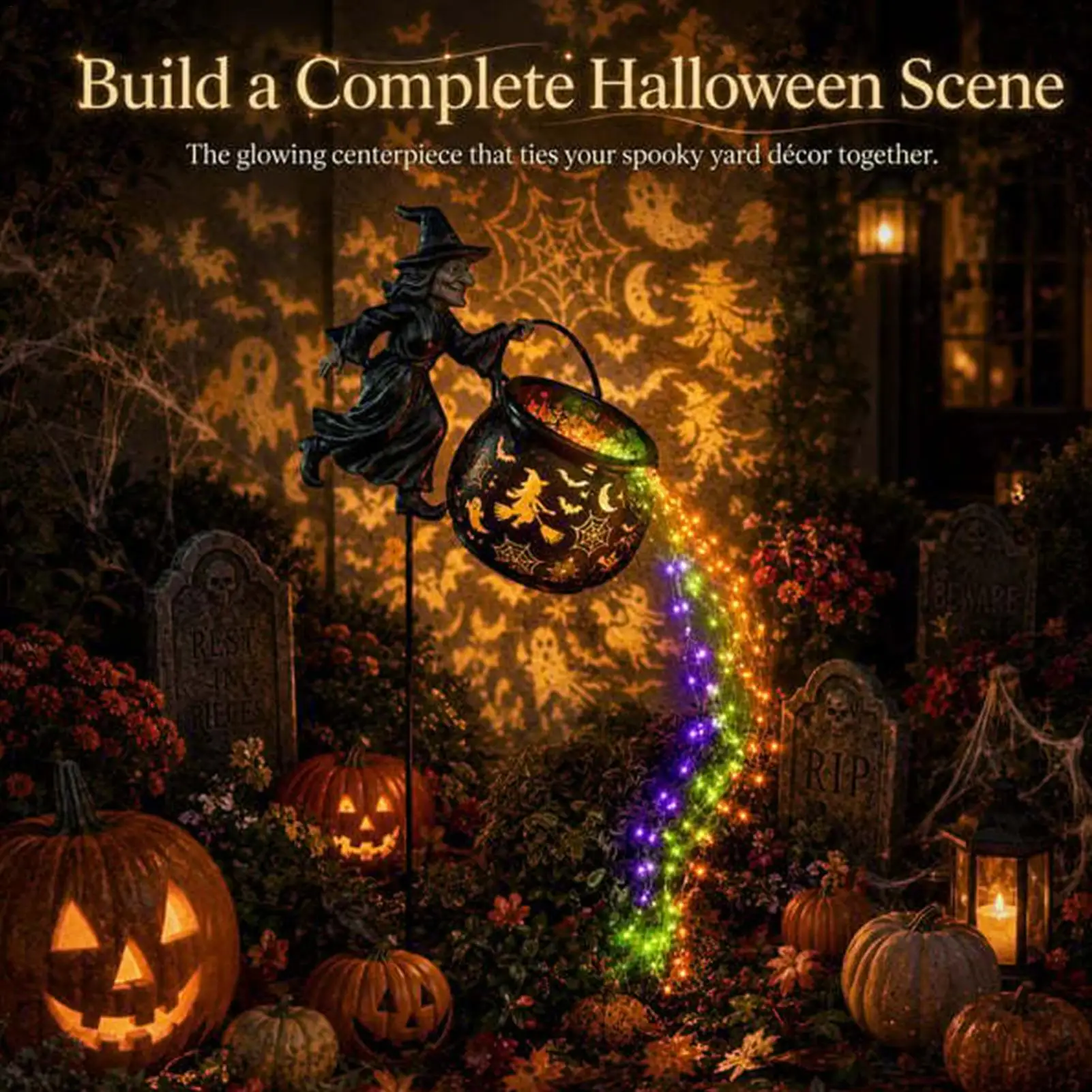 Flying Witch Cauldron String Light Outdoor Waterfall Colorful LED Garden Stake Light for Haunted House Yard Halloween Decoration