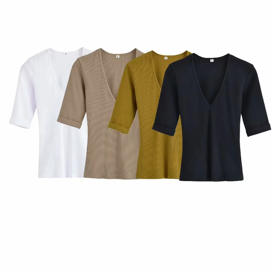 2025 Women AZRAF Summer New Fashionable Lazy Style Multi color Simple T-shirt Chic V-neck Curled Edge Short Sleeve Top Mujer