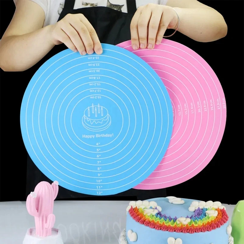 Round Silicone Baking Mat Non-slip Pastry Turntable Nonstick Dough Kneading Pad Bread Cake Tray with Scale Kitchen Cooking Tools