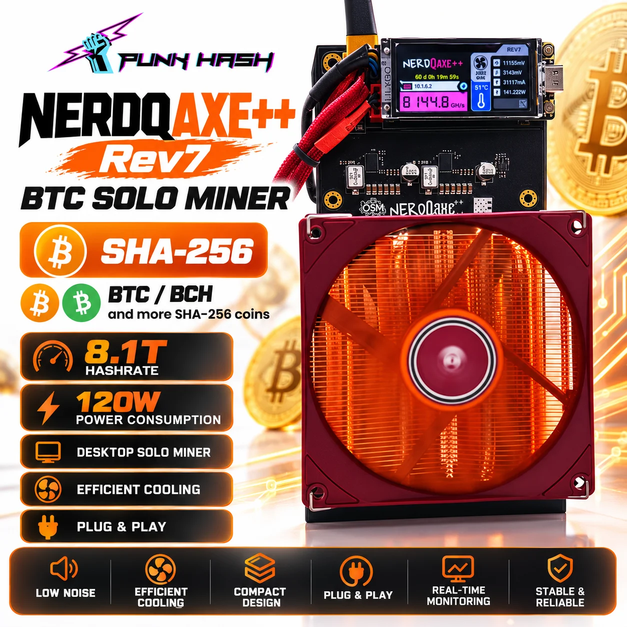 NerdQAXE++ Rev7 8.1TH/s 120W Bitcoin Solo Miner SHA256 BTC BCH Home Lottery Mining Machine Air Cooling