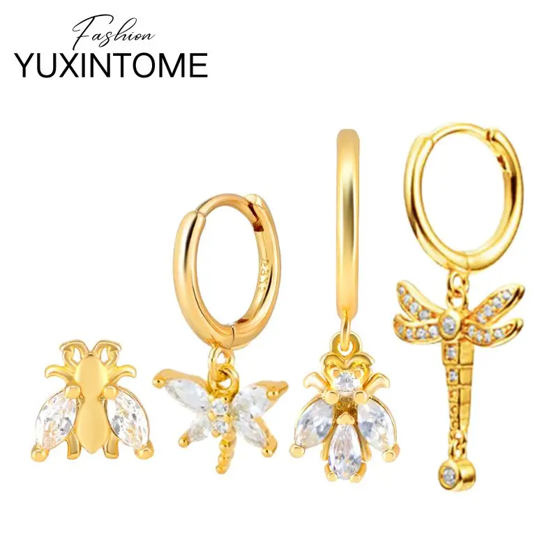 

925 Sterling Silver Needle Bee/Dragonfly Pendant Hoop Earrings Exquisite Crystal Insect Stud Earrings Women's Fashion Jewelry