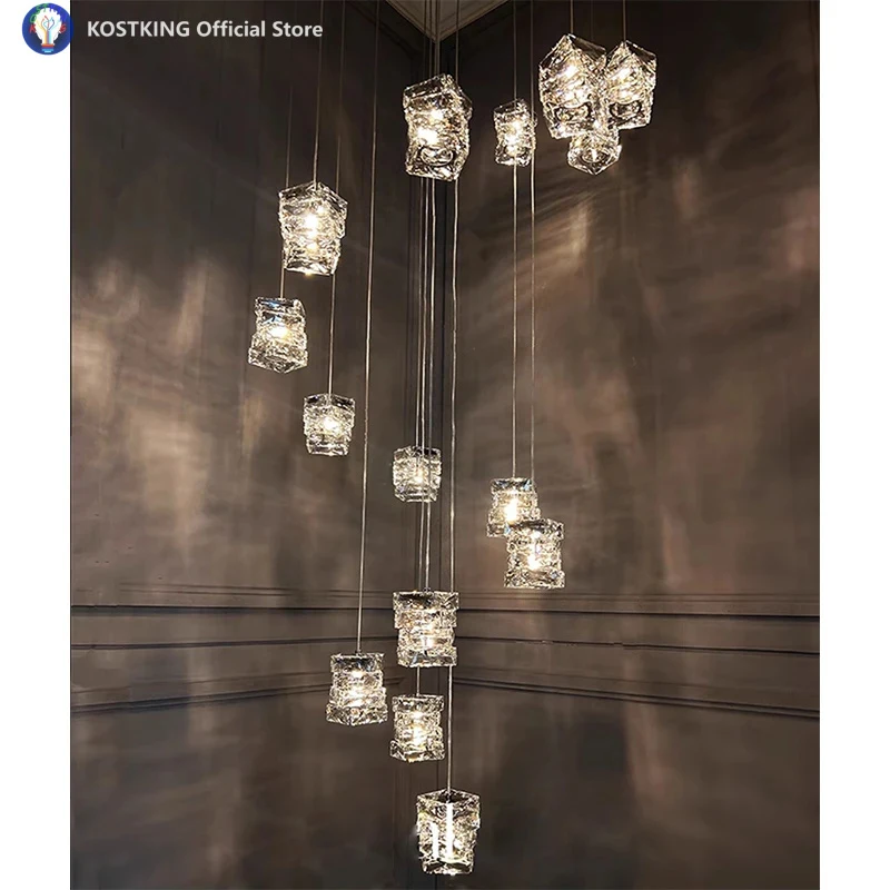 

Square Design, Rotating Staircase, Long Chandelier, Loft Apartment, Villa, Duplex Building, Post-Modern, Light Luxury Crystal