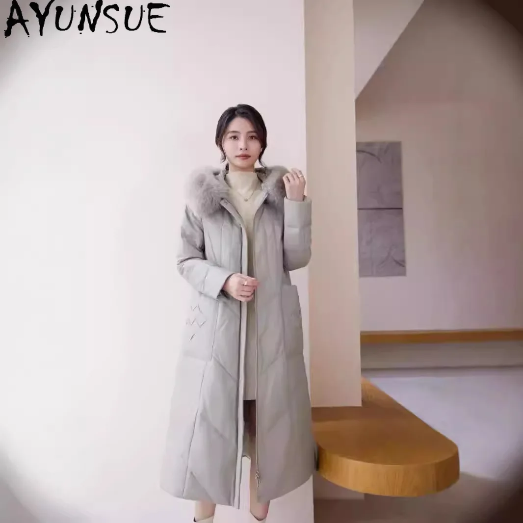 AYUNSUE Sheepskin Genuine Leather Jacket Women Warm Fox Fur Collar Long Style Winter Clothes Fashion Down Coat Woman Hoodie
