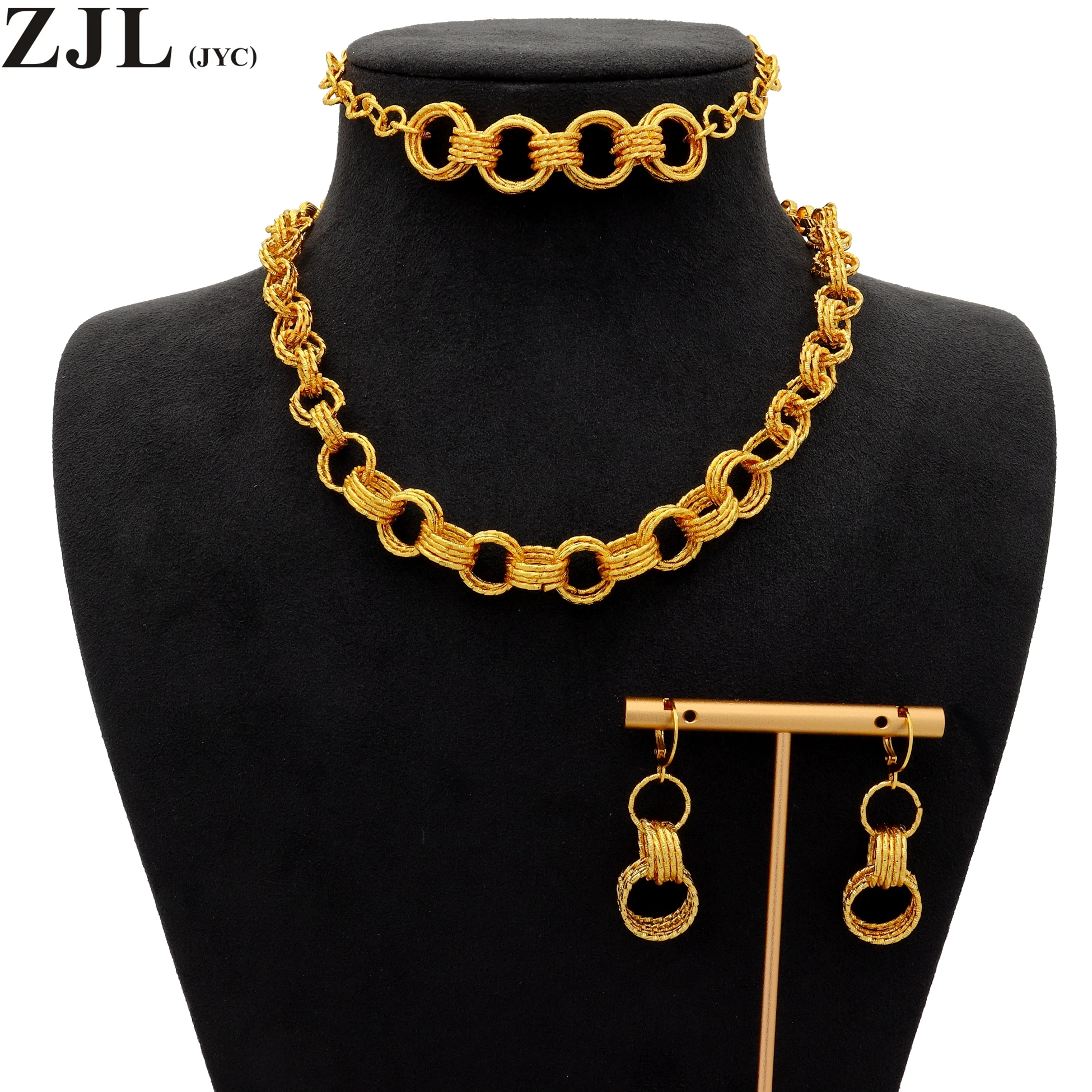 1Pair Earrings+1Pcs Bracelets,+1pcs Neckla 18K Gold Plated Handmade Chain Jewelry Set Match Daily Outfits Gift For Female