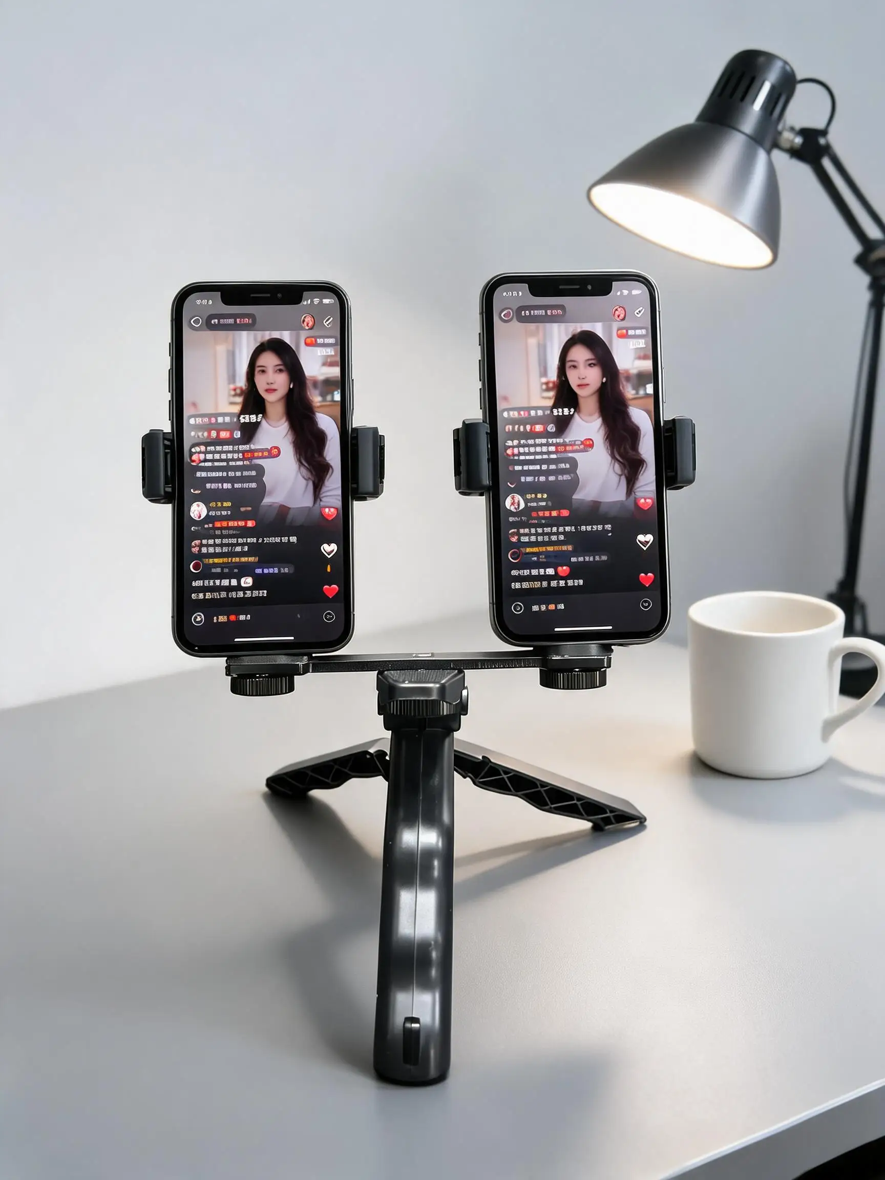 Dual Phone Live Stream Holder Handheld Tripod Stand 2-in-1 Adjustable Bracket for Vlogging Video Shooting