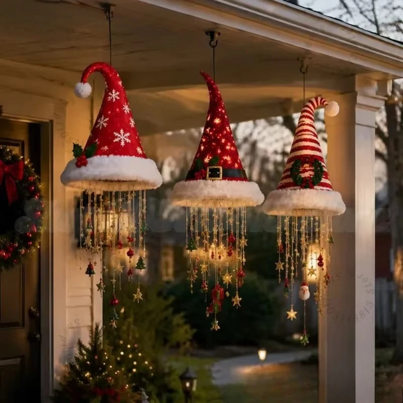 Santa Hat Hanging LED Chandelier, Warm Christmas String Lights with Festival Ornaments, Home Holiday Decor