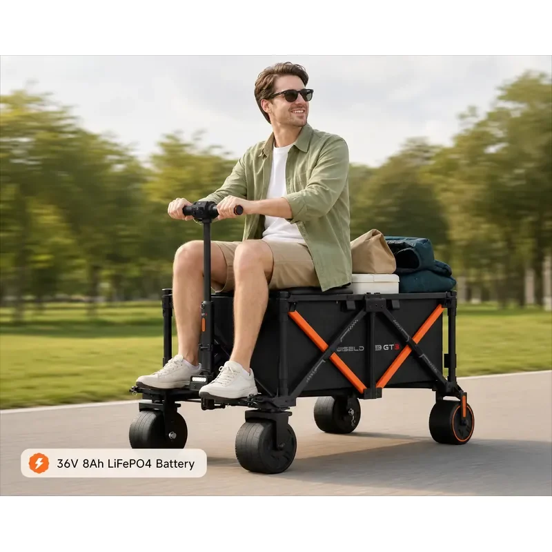 Electric Foldable Camping Wagon 150KG Load 36V LFP Battery 2WD Motorized Cart 12km/h Shopping Outdoor Beach Fishing