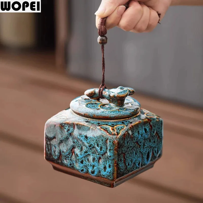 Kiln Transformed Ceramics Tea Caddy Tea Jar Sealed Jar Moisture-proof Storage Tank Square Tea Box Storage Bottle Teas Box