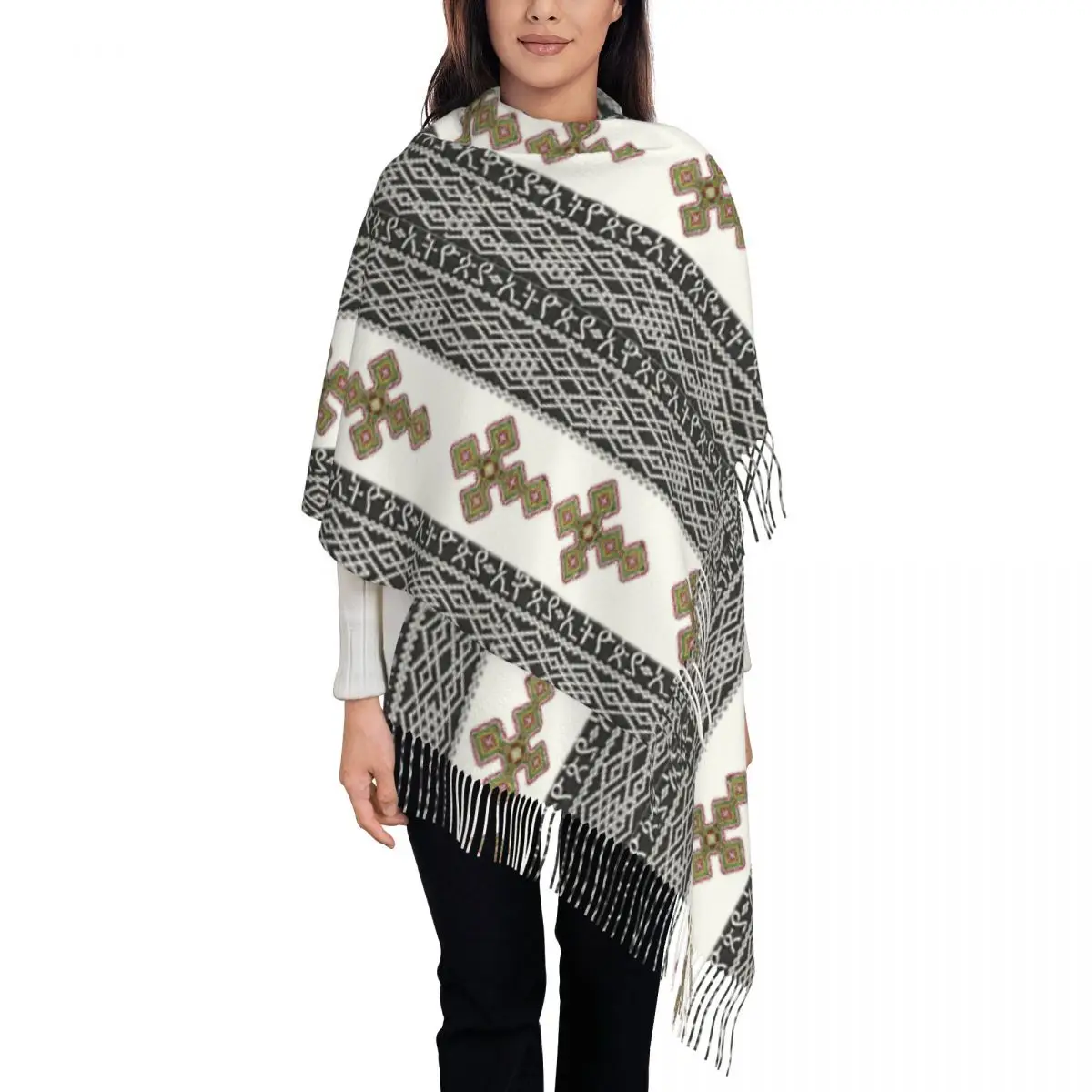 Ethiopian Habesha Art Scarf Wrap for Women Long Winter Warm Tassel Shawl Unisex Scarves