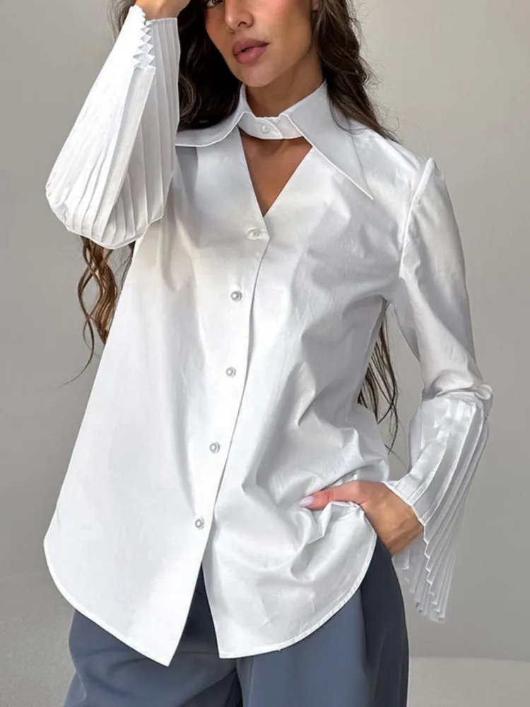 

White Cotton Shirt Women Fashion Pleated Flared Sleeve Single Breasted Blouse 2025 New Summer Office Lady Casual Loose Shirts