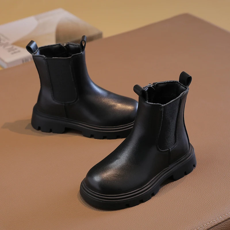 Kids Girls Black Ankle Boots Side Zipper Round Toe Toddlers Platform Boots Walking Non-slip Soft Soled Children Leather Boots