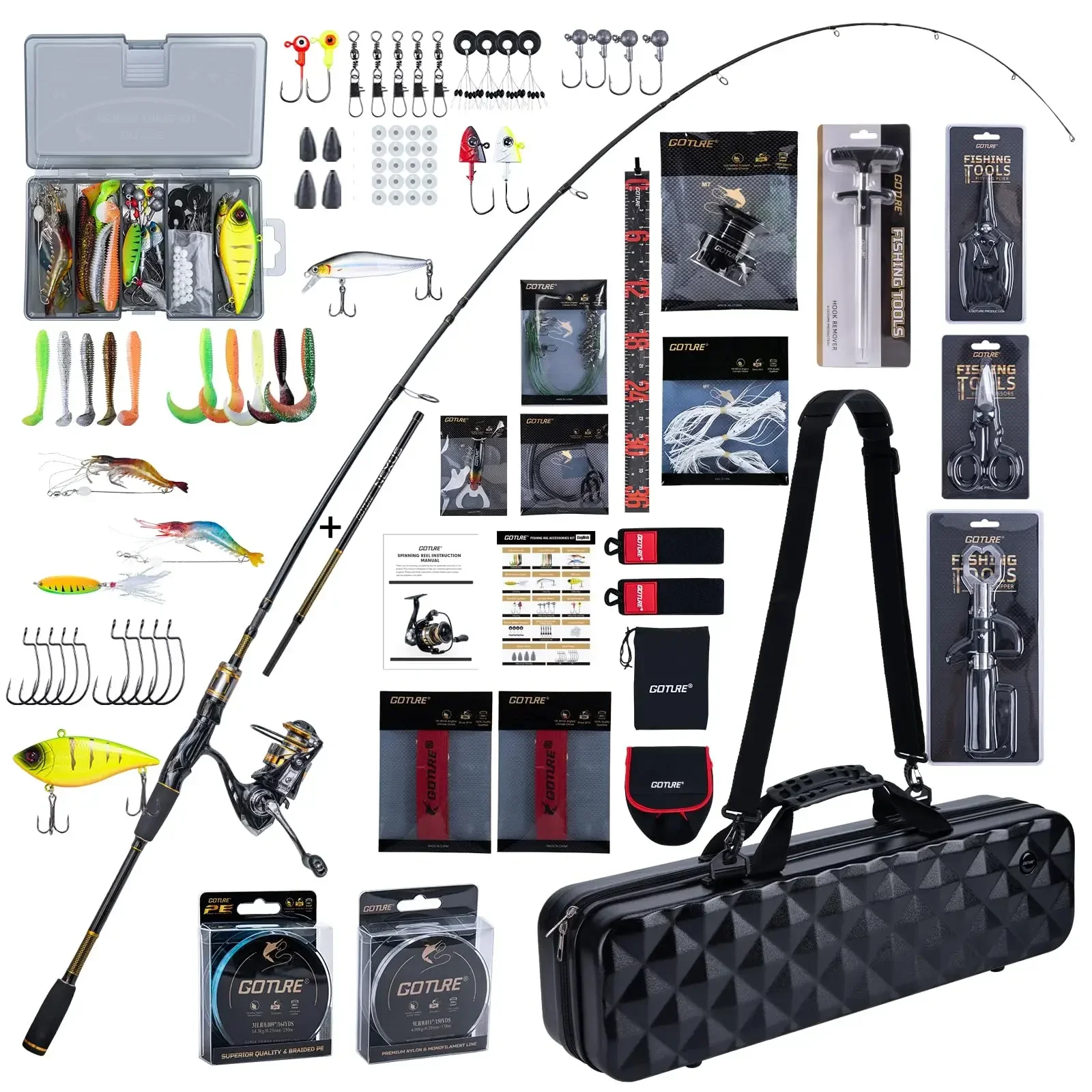 Goture 8/9FT Carbon Spinning Fishing Rod Reel Set,Full Fishing Tackle Accessories Lures Hooks Line Tool Set with Hard Carry Case
