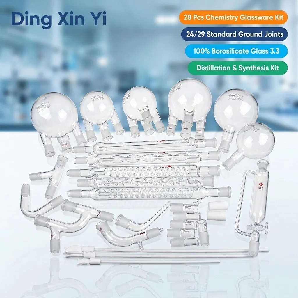 DXY 28Pcs 24/29 Lab Chemistry Glassware Kit Distillation Apparatus GG-17 Borosilicate 3.3 Glass with PTFE Stirrers