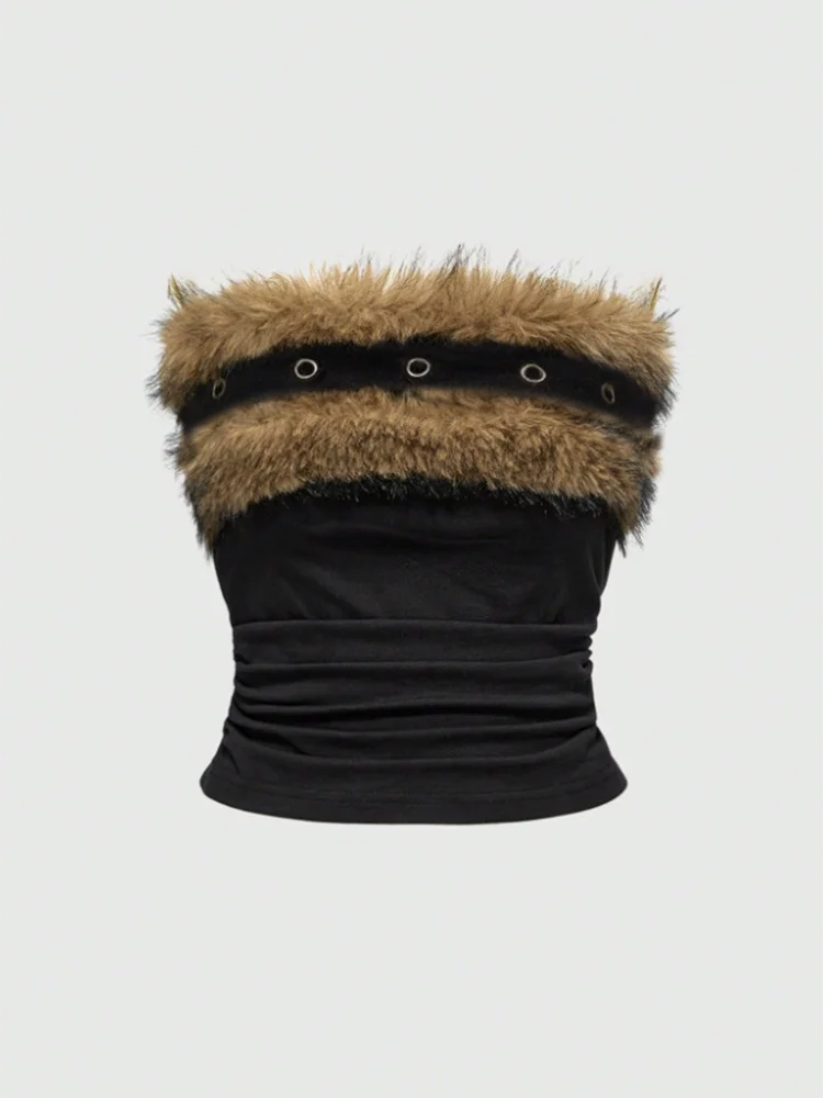 Women's spring and summer street-style fluffy strapless vest for women