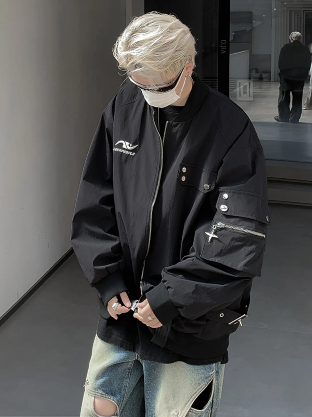 

Loose Men's Baseball Jaet Spring Autumn Casual American Sle Pilot Coat Windproof Long Sve Zipper Closure Pure Color