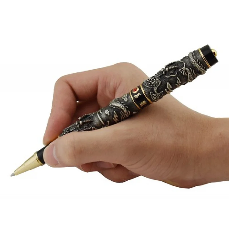 A+ Jinhao Double Dragon Playing Pearl Vintage Rollerball Pen 3D Embossed, Gray
