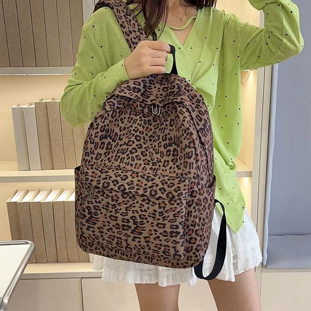 

Nylon Leopard Print Backpack Retro Durable Students School Bag Scratch Prevention Fixed Webbing Large Capacity Backpack Daily