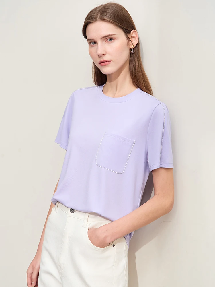 Amii Minimalism 2024 Summer T-shirts for Women O Neck Pullover Short sleeve White Tops Stretch Solid Trendy Tees 12442122