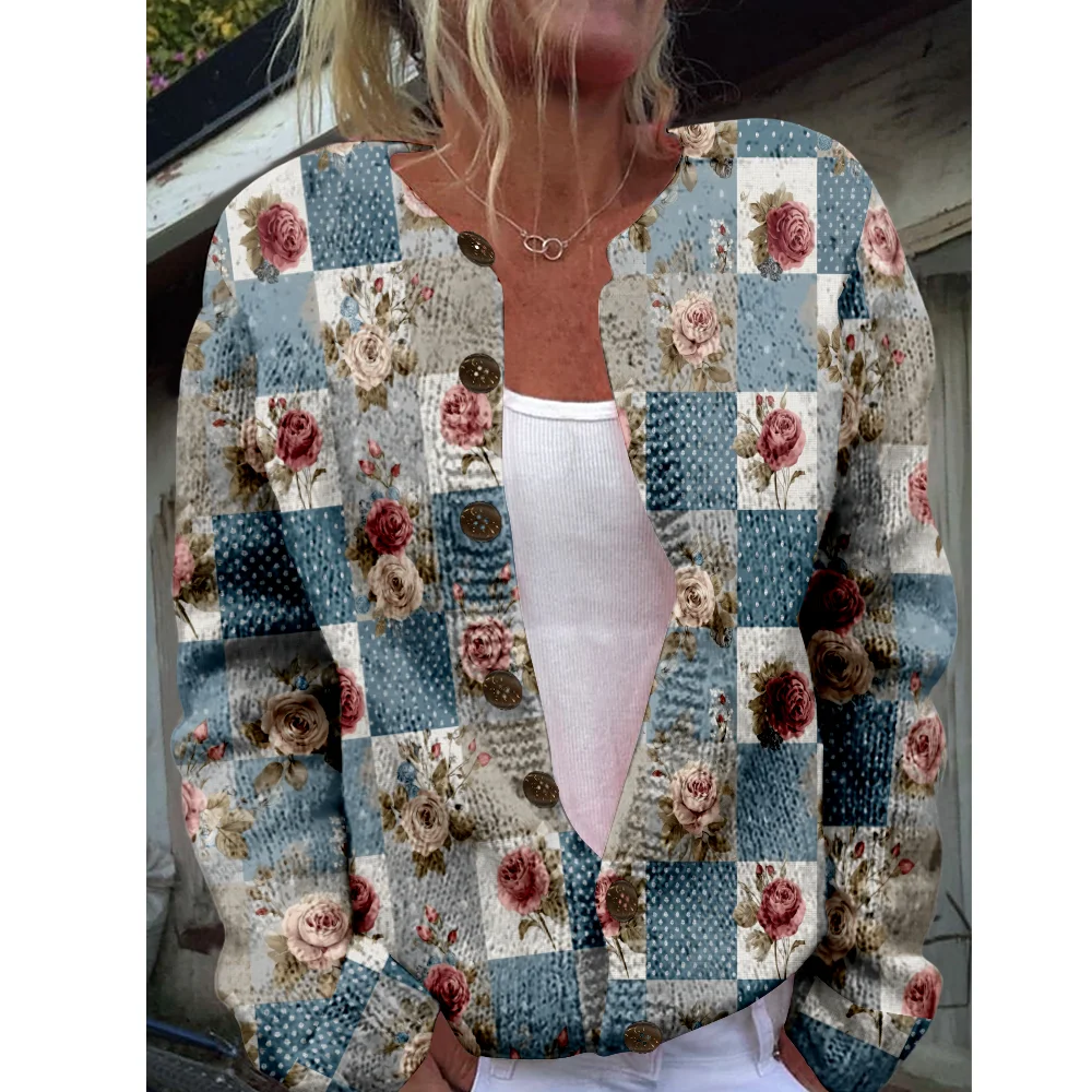 

Осень-зима вязаный клетчатый кардиган с цветочным принтом, повседневный свитер, уличная одежда, женские свитера, вязаный топ, крутые джемперы, модные