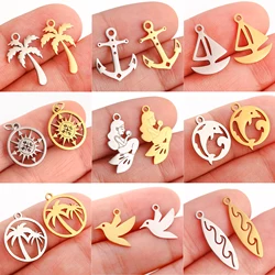5Pcs Surfing/Anchor/Seagull/Four Leaf Clover Charm Stainless Steel Compass Nautical Pendant DIY Necklace Bracelet Jewelry Making