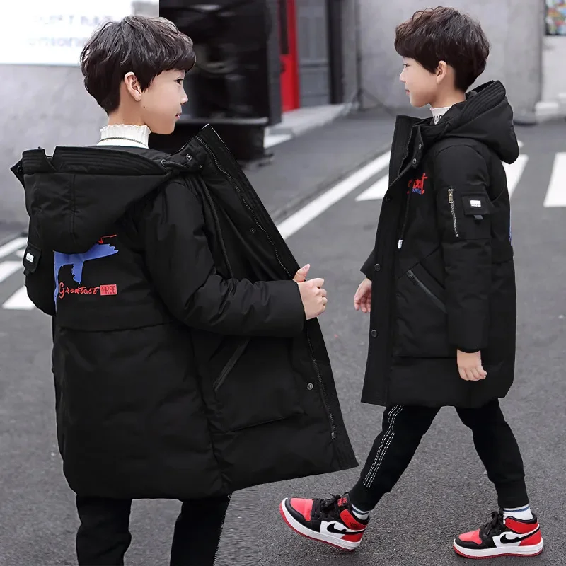 Fashion Children's Clothing Winter Thick Warm Parka Letter Print Cotton Padded Clothes Teen Boys Hooded Snowsuit 4-14 Y