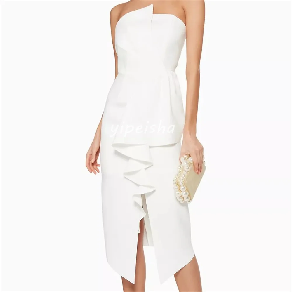 Customized Sizes Available Jersey Bow Ruched Button Straight Strapless Midi Dresses Bespoke Occasion Dresses High Quality Retro