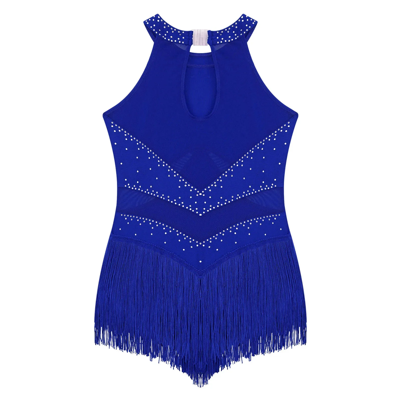 키즈 걸스 민소매 프린지 바디수트 모던 라틴 재즈 댄스 레오타드 드레스 라인스톤 체조 스케이팅 공연 의상