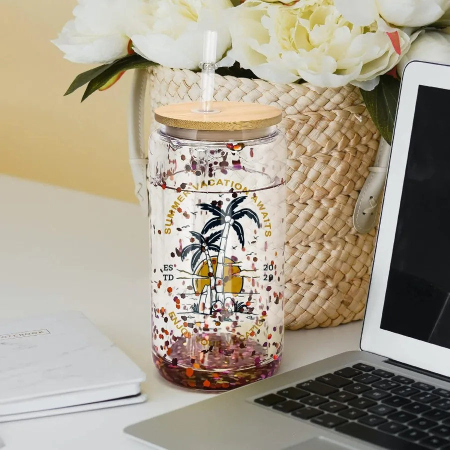 زجاج كرة الثلج التسامي سعة 16 أونصة مع أغطية من الخيزران وقش، 25 عبوة من نظارات علب البيرة ذات الجدار المزدوج، بو المحفور مسبقًا