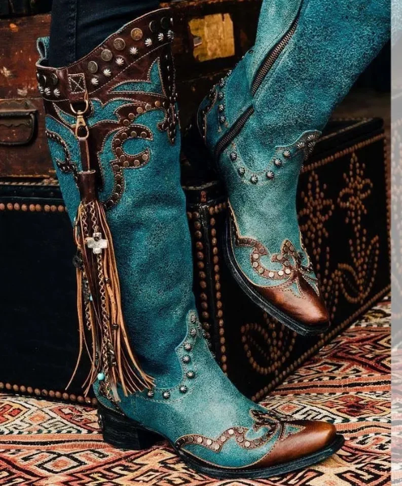 Fashionable Oversized Rivet Tassel Side Zipper Boots Mid-Calf PU Leather round Toe Square Heel Winter Women's Fashion Boots