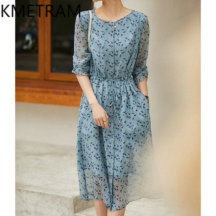 

KMETRAM 100% Mulberry Silk Women's Dress Floral Elegant Dresses for Woman Clothes High Quality Mid Length Summer Dress 2025