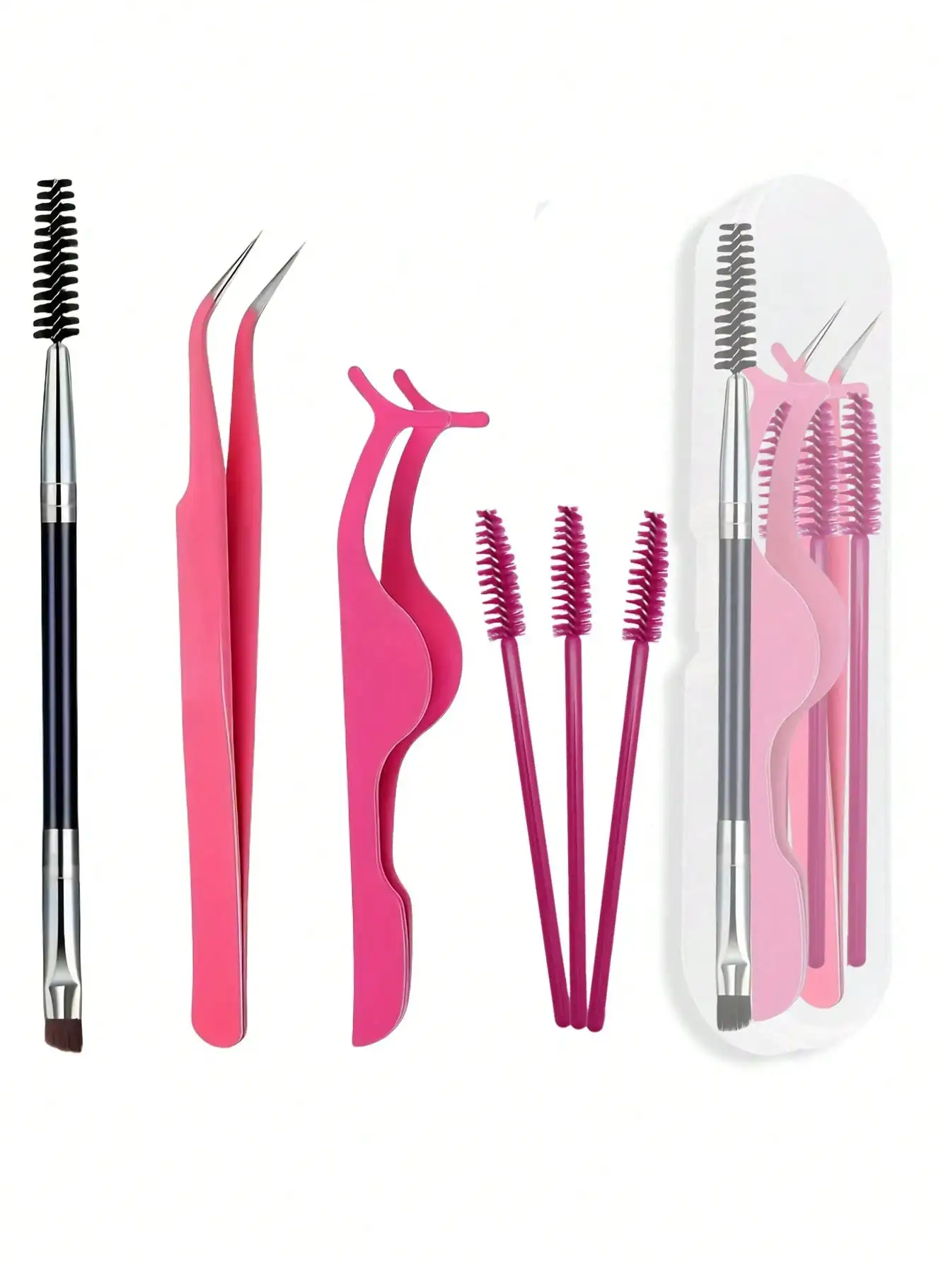 

6pcs Set With Storage Box, Includes Curved Tweezers, Eyelash Curler And Eyelash Brush. The Combination Of Curved Tweezers And Curved Eyelash Curler Better Meets The Needs Of Multi-Layer Eyelash Extensions For A Better Experience. The Set Contains Eyelash