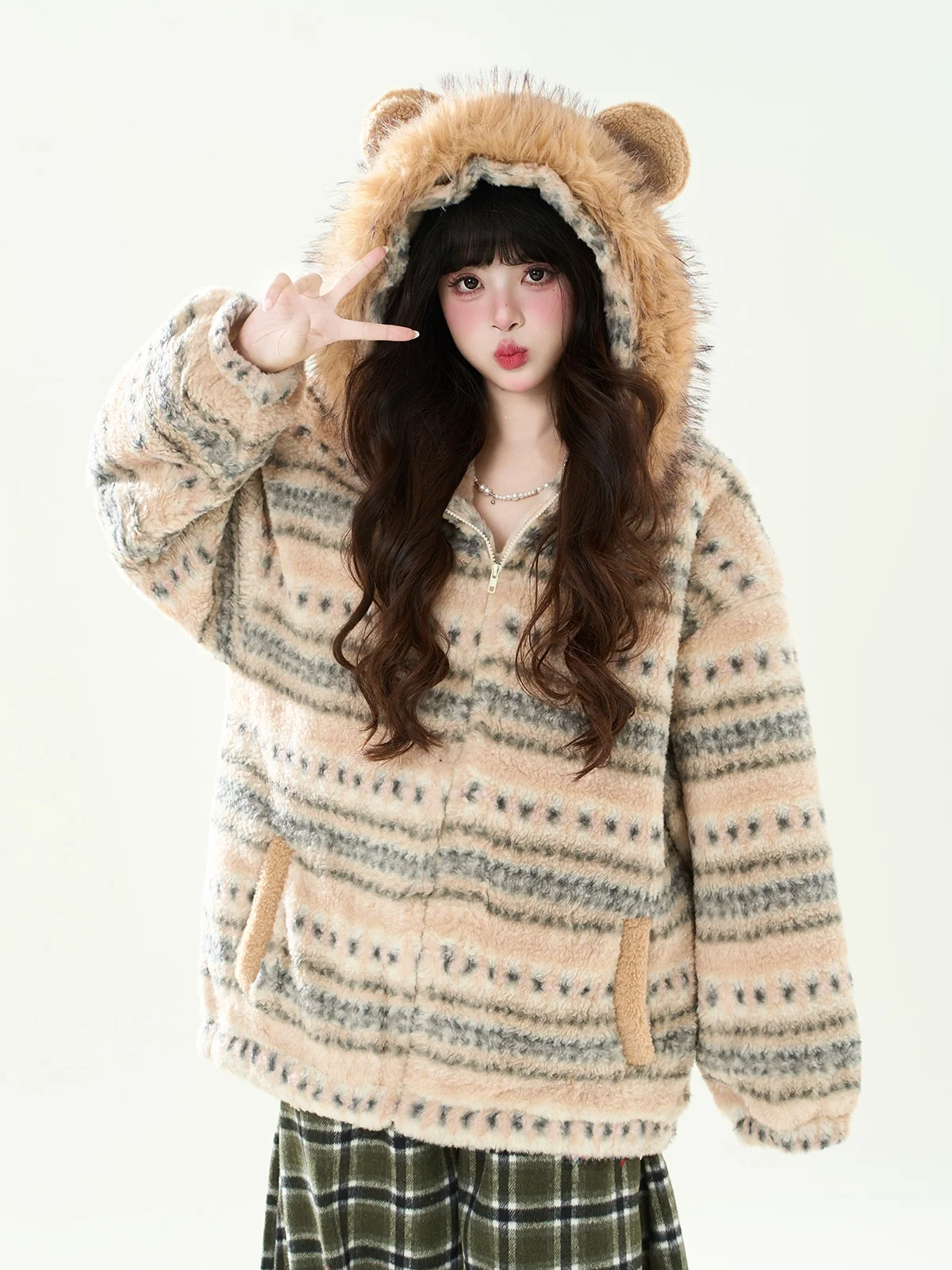 

Женская куртка ENJOG в стиле ретро с меховым воротником, узором Фэр-айл, из хлопка, свободного кроя, в стиле лоу-эйдж, повседневная, из овечьего вельвета, длинная, на молнии