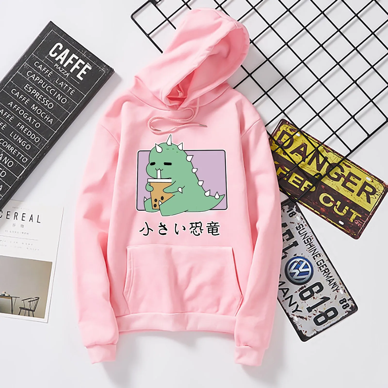 Japońska różowa bluza damska bluza Kawaii Oversize dinozaur płaszcz z długim rękawem urocze koreański sweter bluzy Sudadera