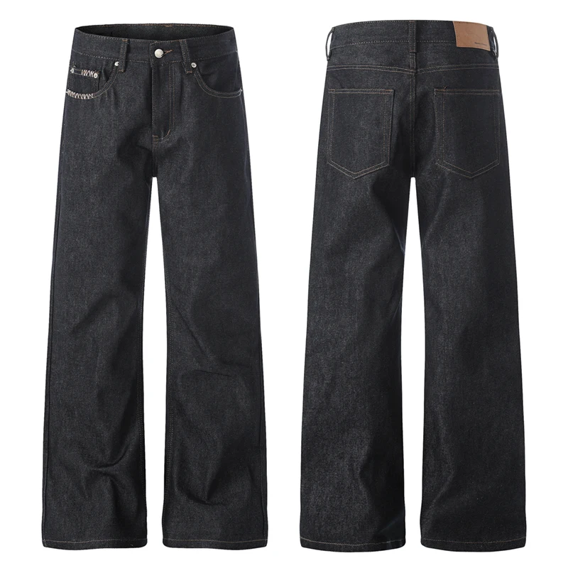 

Premium Men's Wide Leg Jeans Casual Minimalist Black Denim Contrast Stitching Slim Relaxed Fit High End Basic Pants