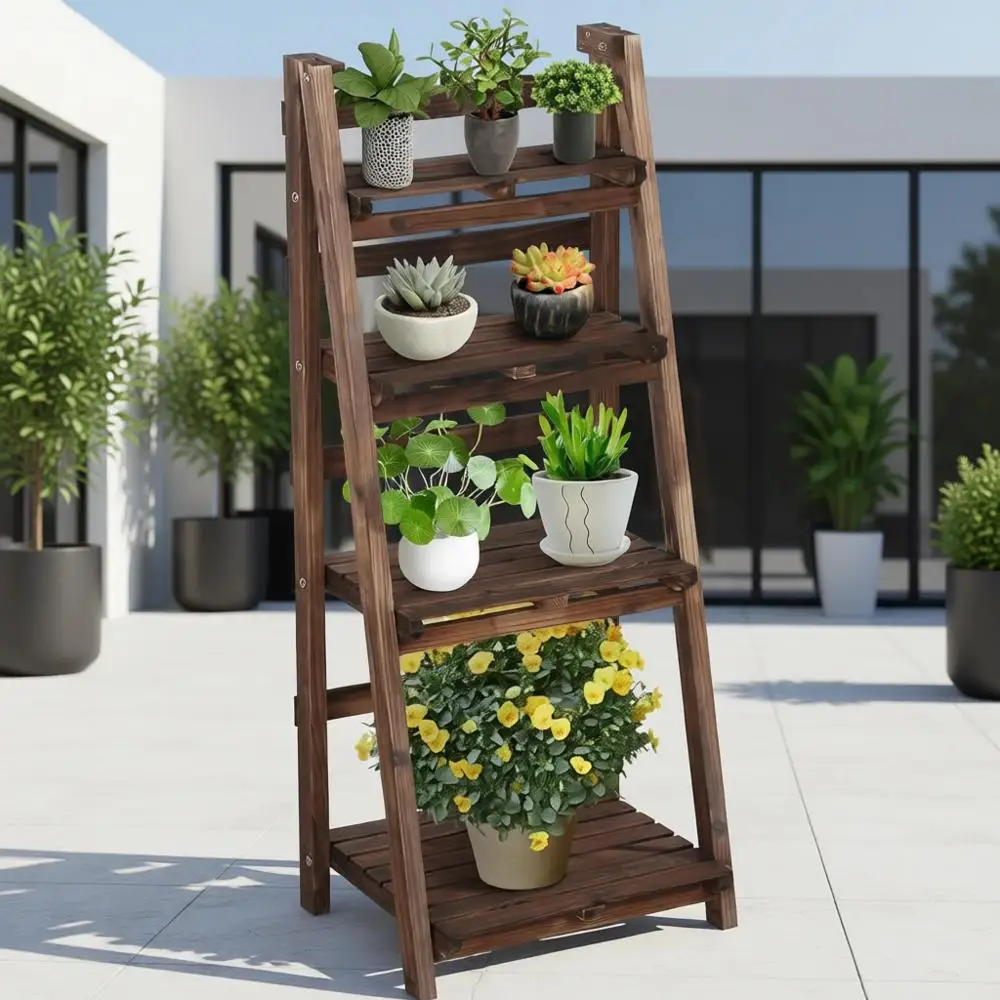 

Деревянная подставка-лестница для растений с многофункциональными полками для использования в помещении и на улице, подходит для гостиной, сада, офиса и т.д.