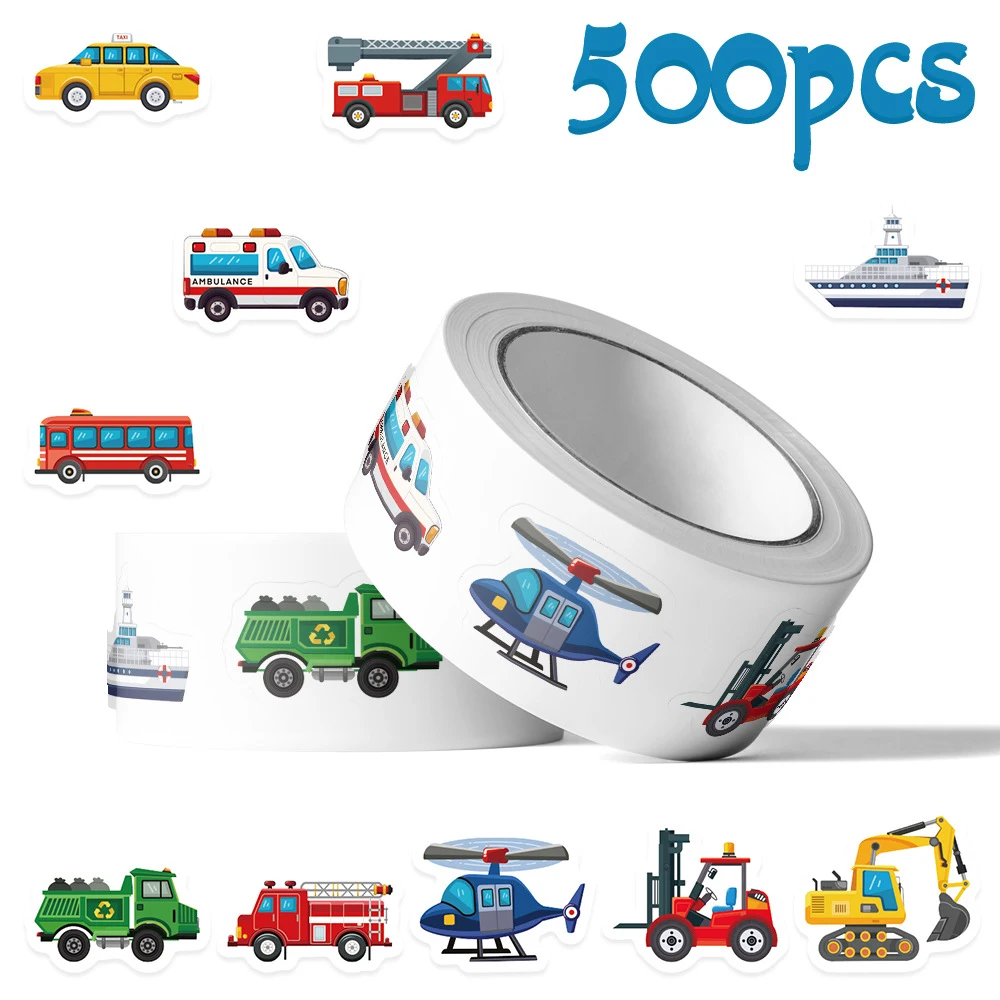 

500pcs/roll Cars Excavator Truck Vehicle Sealing Stickers Funny Cartoon Reward Sticker Notebook Guitar Phone Decals Decoration