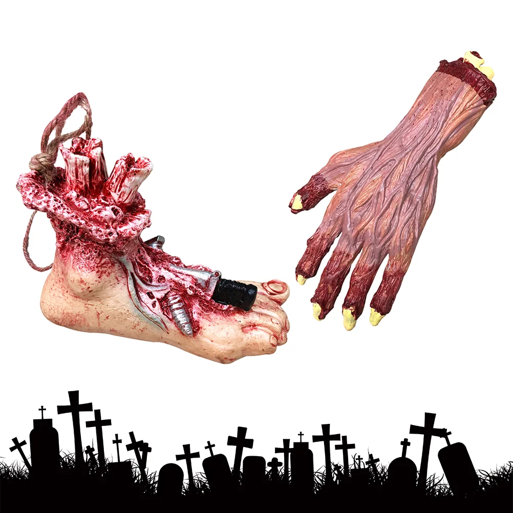 2 Pcs Realistic Broken Exposed Bone Hands Feet Halloween Props Funny Fake Bloody Finger